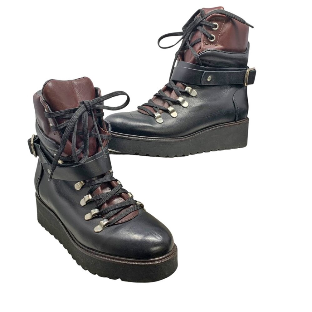 ZARA Black Leather Lace Up Wedge Mountain‎ Booties - Picture 8 of 12